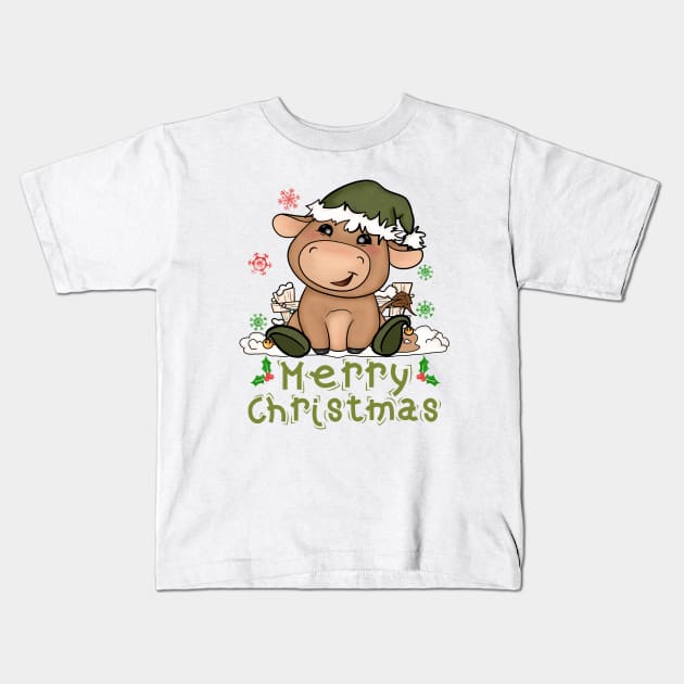 Christmas Cute Cow Merry Christmas Xmas Matching HO HO HO Kids T-Shirt by alcoshirts